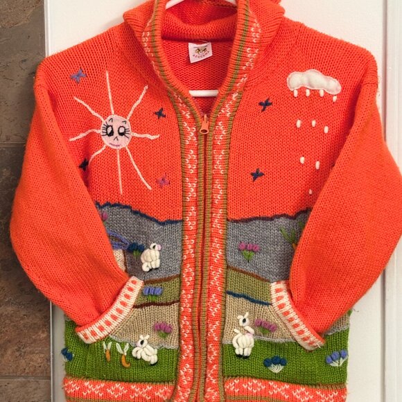 Vintage Peru Knit Kids Sweater Jacket Hoodie Zip Front 1980s - Picture 1 of 14